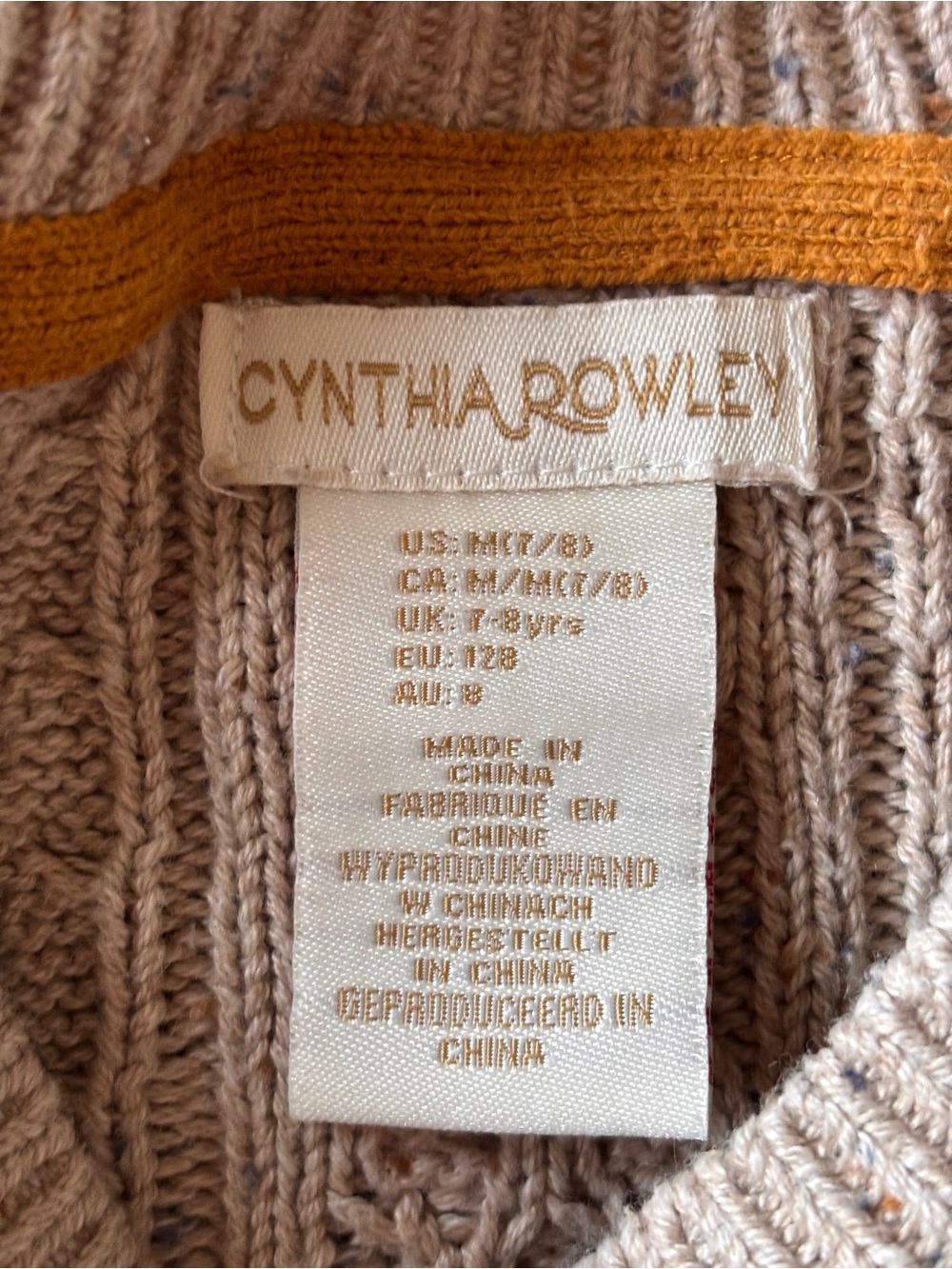 Cynthia Rowley Light Tan Cable Knit Cropped Sweater w/ Mustard Trim ~ Girls 7/8 - Picture 4 of 6